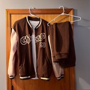 Letter Graphic Two Tone Coat & Drawstring Waist Sweatpants and LA T shirt